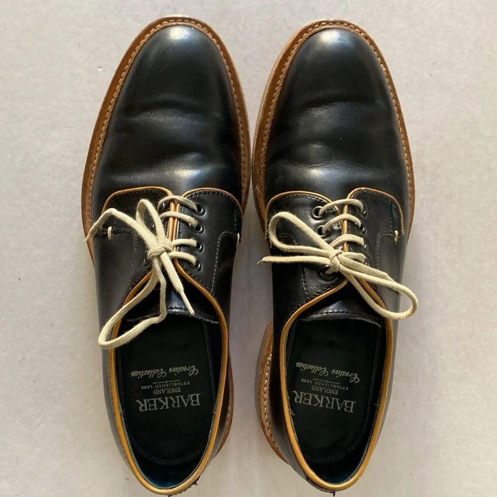 BARKER Men's Black Leather Derby Shoes with Tan Trim 9UK /10US. Made in England